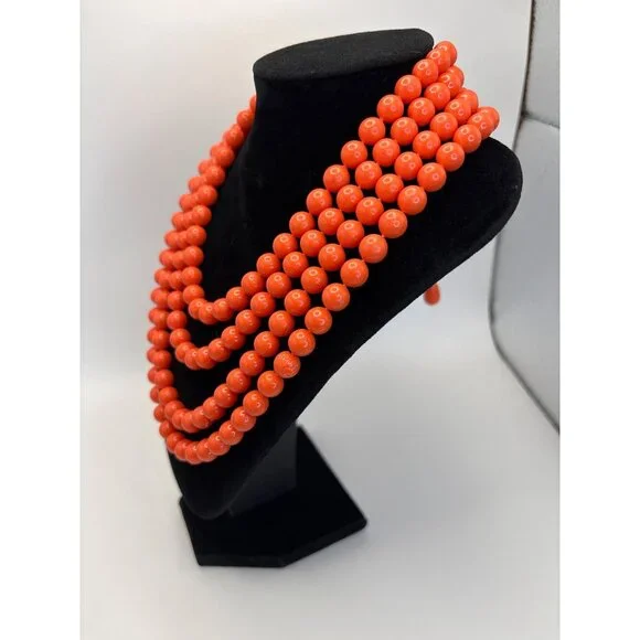 Vintage Coral Orange Multi Beaded 4 Strand Acrylic Choker Statement Necklace Uns - Picture 4 of 5